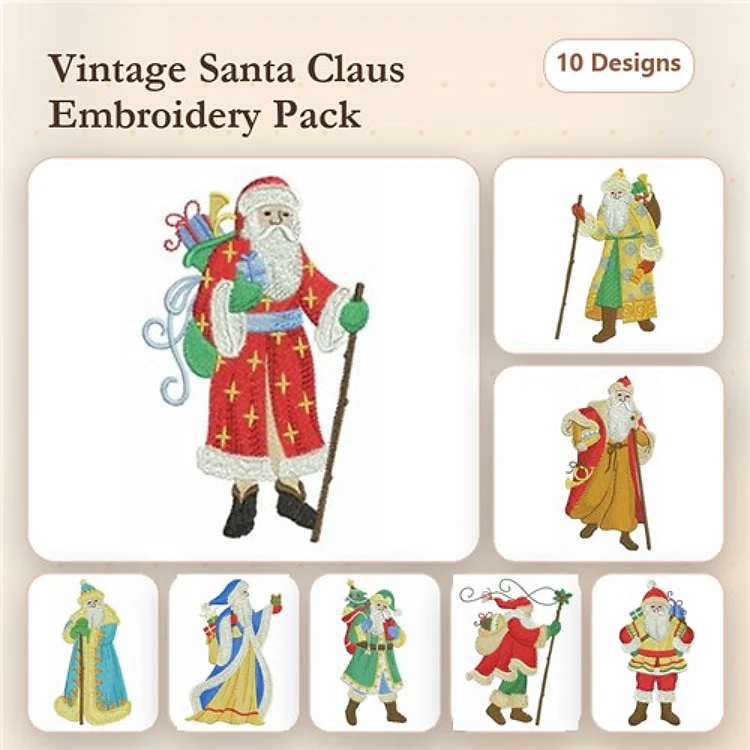Santa Claus Embroidery Designs Bundle – Santa with Gifts, Santa in Red Robe, Santa with Lantern & More (10 Designs)