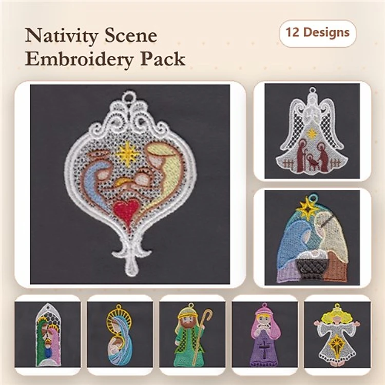 FSL Nativity Scene Embroidery Designs Bundle – Mary, Joseph, Angel & More (12 Designs)