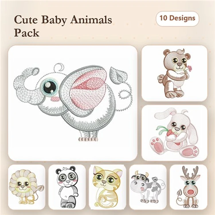 Rippled Baby Animals Embroidery Bundle – Elephant, Teddy Bear, Bunny & More (10 Designs)