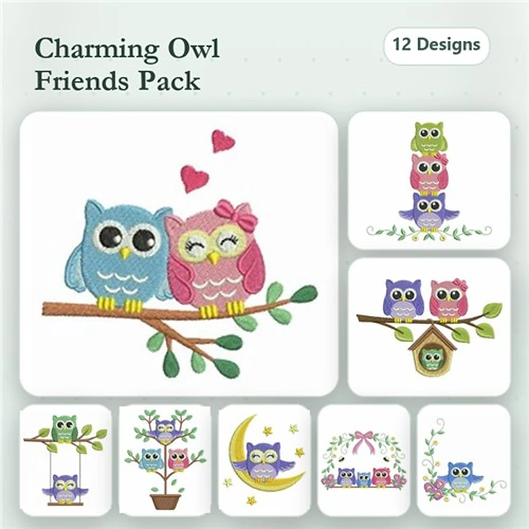 Charming Owls Embroidery Designs Bundle – Two Owls on a Branch, Owl Family in a Tree, Owl with Flowers & More (12 Designs)