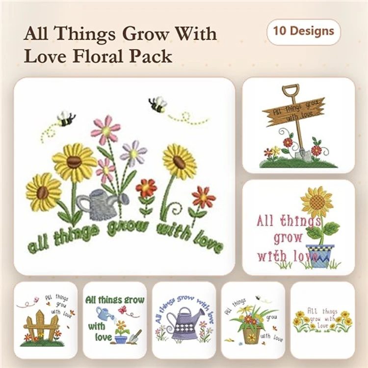 Gardening & Floral Embroidery Designs Bundle – Watering Can, Garden Sign, Flower Pot & More (10 Designs)