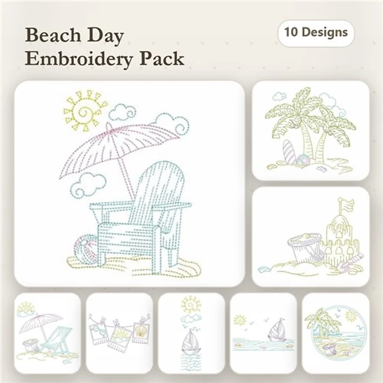 Redwork Beach Embroidery Designs Bundle – Lounge Chair, Palm Tree, Sandcastle & More (10 Designs)