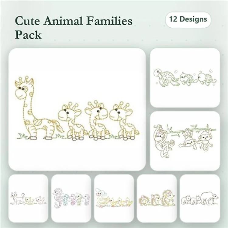 Giraffe, Monkey & Elephant Embroidery Bundle – Cute Animal Families (12 Designs)