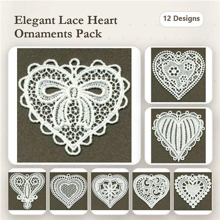 FSL Elegant Lace Heart Ornaments Embroidery Designs Bundle – Lace Heart with Bow, Floral Lace Heart, Scalloped Lace Heart & More (12 Designs)