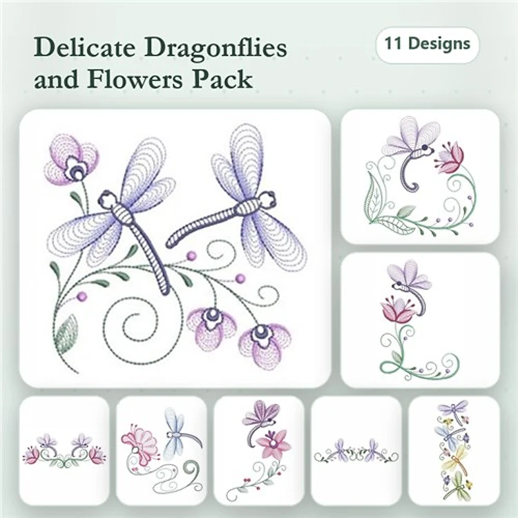 Rippled Delicate Dragonflies & Flowers Embroidery Designs Bundle – Dragonfly with Flowers, Floral Swirl with Dragonfly & More (11 Designs)