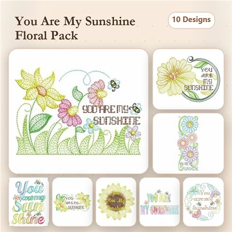 Rippled Floral Sunshine Embroidery Designs Bundle – You Are My Sunshine, Floral Arrangement with Daffodil & More (10 Designs)