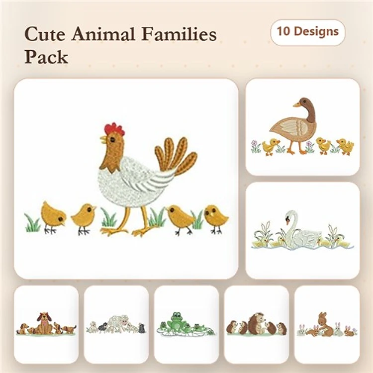 Cute Animal Families Embroidery Bundle – Hen, Duck & More (10 Designs)