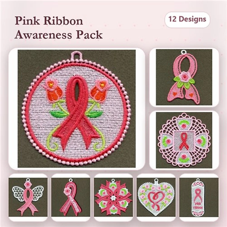 FSL Pink Ribbon Awareness Embroidery Designs Bundle – Pink Ribbon with Roses, Angel with Pink Ribbon, Lace Doily with Pink Ribbon & More (12 Designs)