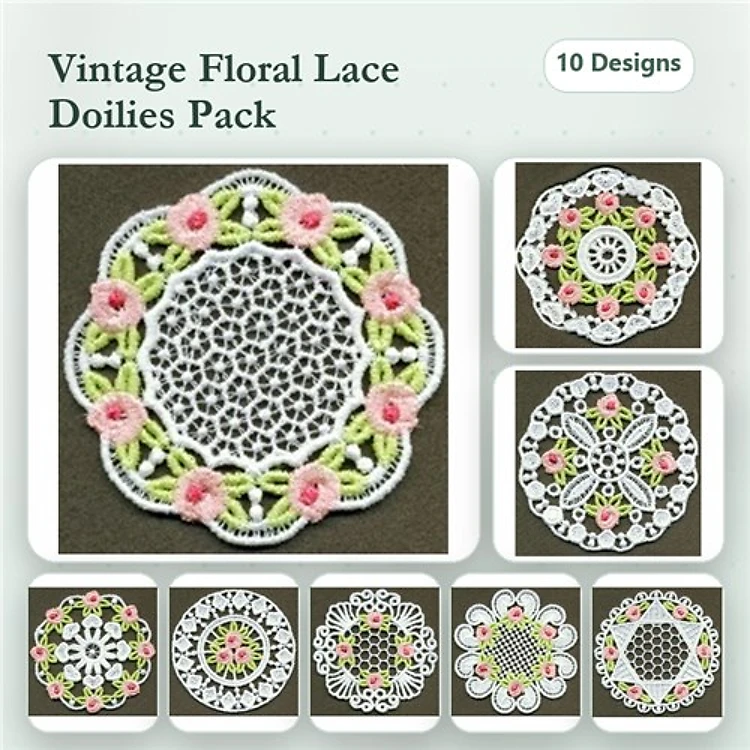 FSL Floral Lace Doilies Embroidery Designs Bundle – Floral Lace Doily with Roses, Vintage Lace Doily, & More (10 Designs)
