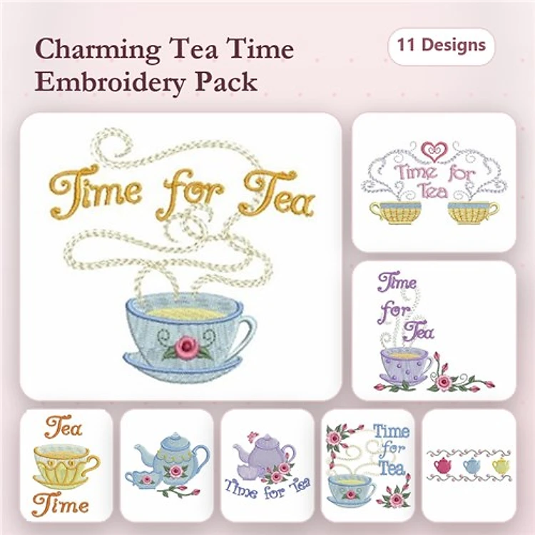 Tea Time Embroidery Designs Bundle – Tea Cup with Flowers, Teapot with Hearts, Tea Time Text & More (11 Designs)