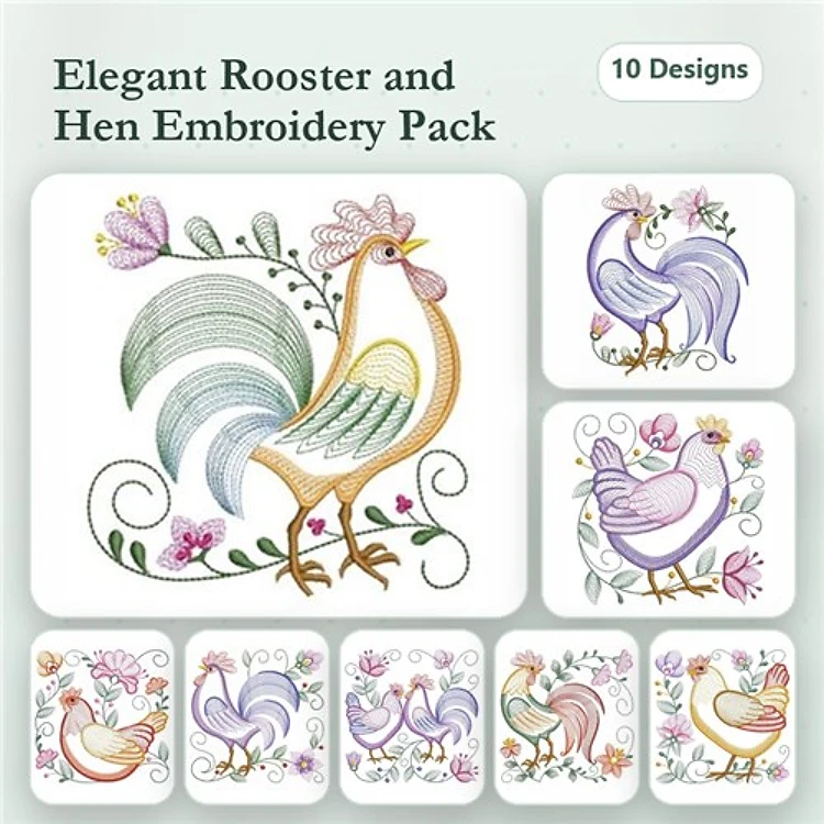 Rippled Rooster & Hen Embroidery Bundle – Elegant Rooster, Chic Hen, Rooster in Garden & More (10 Designs)