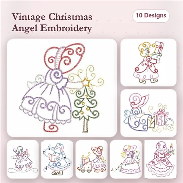 Redwork Vintage Christmas Angels Embroidery Bundle – Angel with Tree, Angel with Gifts, Singing Angel & More (10 Designs)