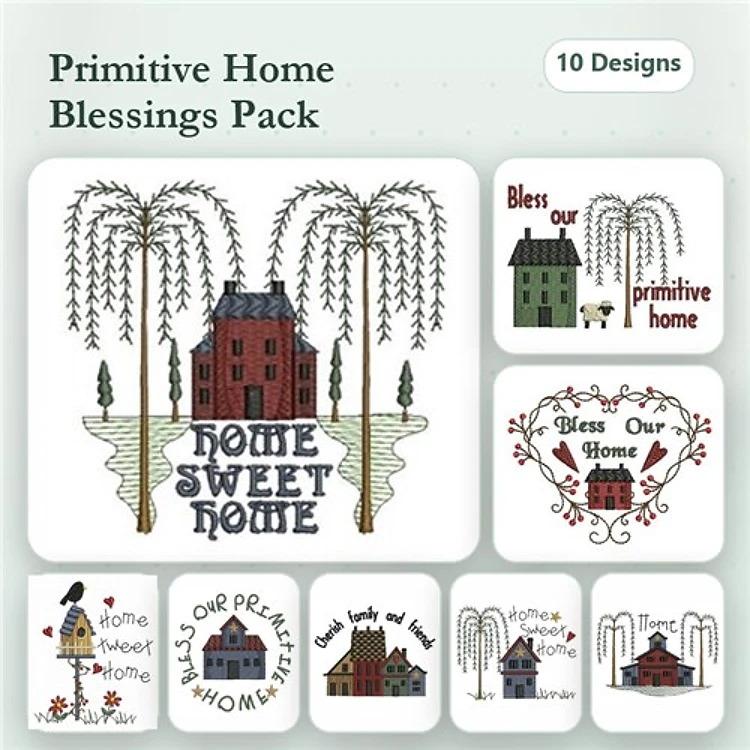 Home Blessings Embroidery Bundle – Home Sweet Home, Bless Our Primitive Home, & More (10 Designs)