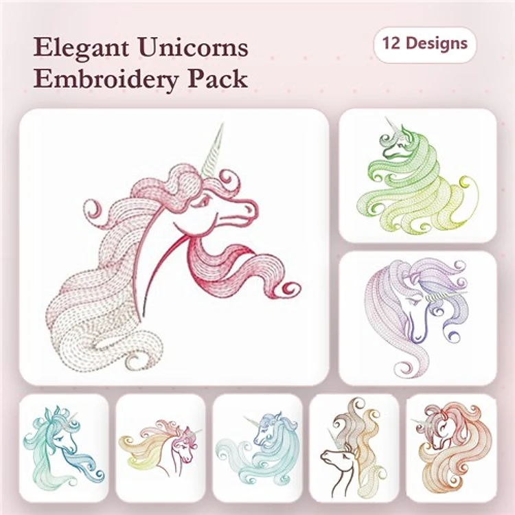 Rippled Elegant Unicorns Embroidery Designs Bundle – Unicorn with Pink Mane, Green Mane, Blue Mane & More (12 Designs)