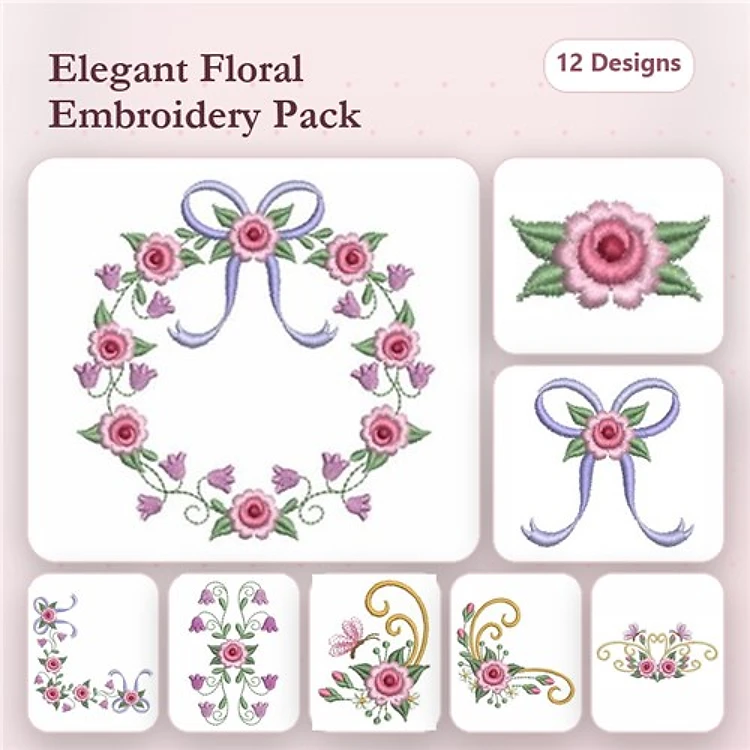 Elegant Floral Embroidery Designs Bundle – Floral Wreath, Roses, Floral Scroll & More (12 Designs)