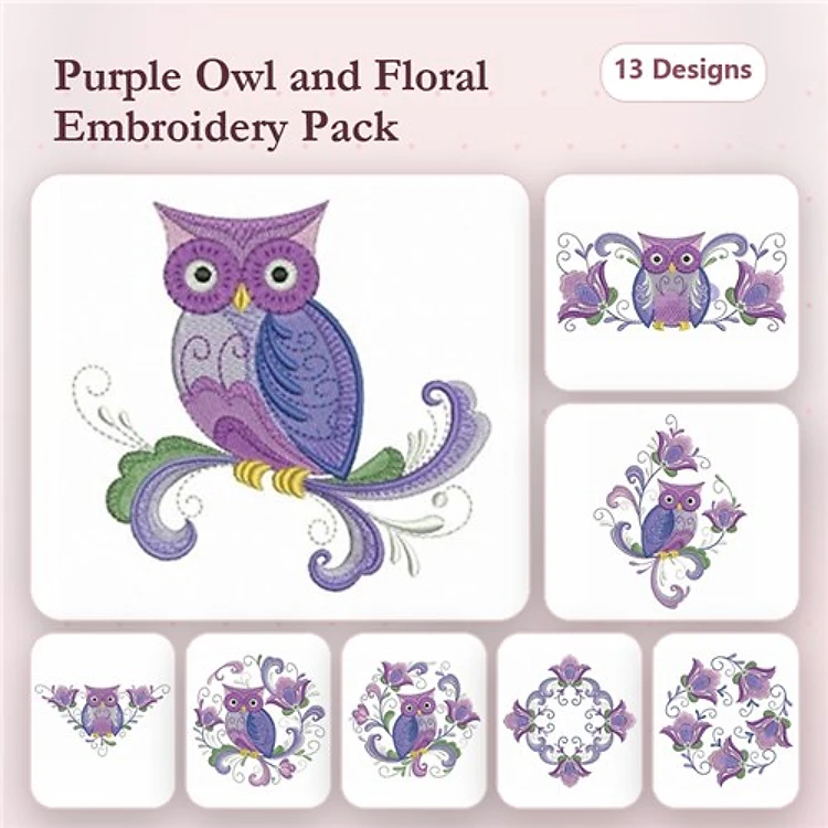 Purple Owl Embroidery Bundle – Floral Swirls, Ornate Owl Design, Owl with Flowers & More (13 Designs)