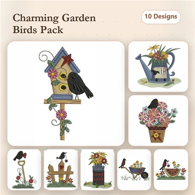 Garden Birds Embroidery Designs Bundle – Birdhouse, Watering Can, Flower Pot & More (10 Designs)