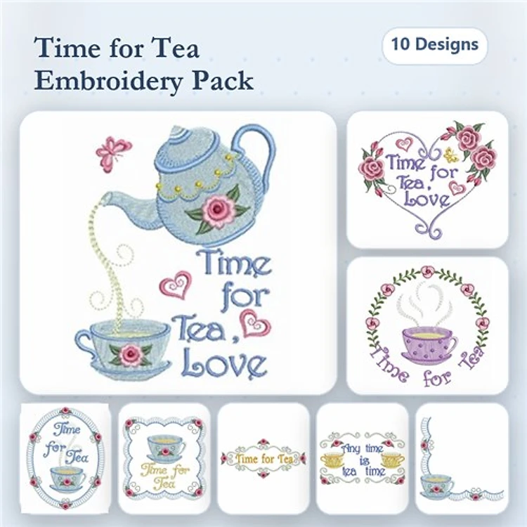 Tea-Themed Embroidery Bundle – Teapot with Flowers, Cup of Tea with Roses, Time for Tea Heart & More (10 Designs)