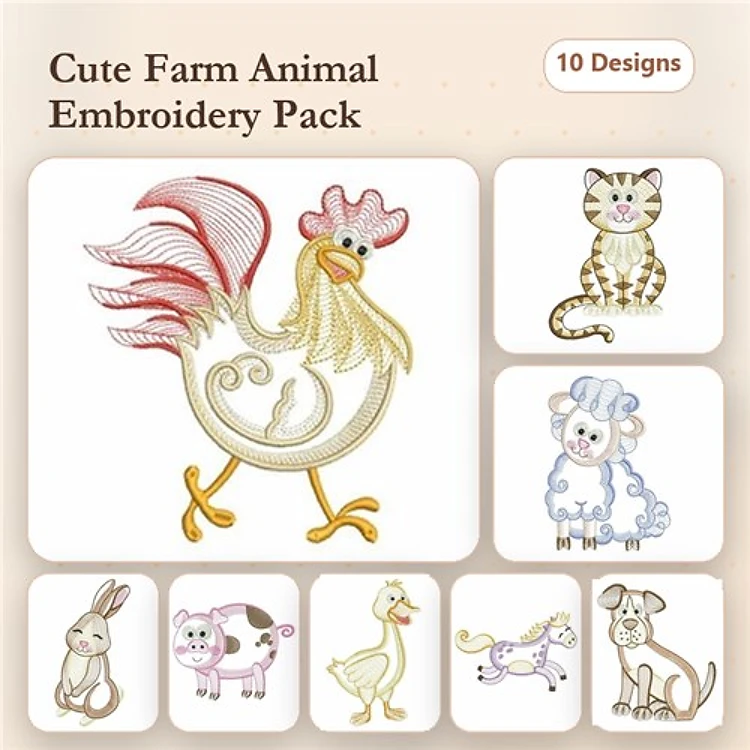 Farm Animal Embroidery Bundle – Cute Characters (10 Designs)