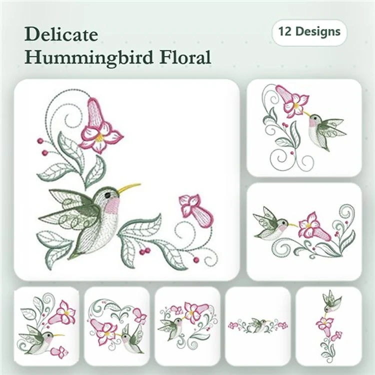 Rippled Hummingbird and Floral Embroidery Designs Bundle – Hummingbird with Flowers, Floral Swirl, & More (12 Designs)