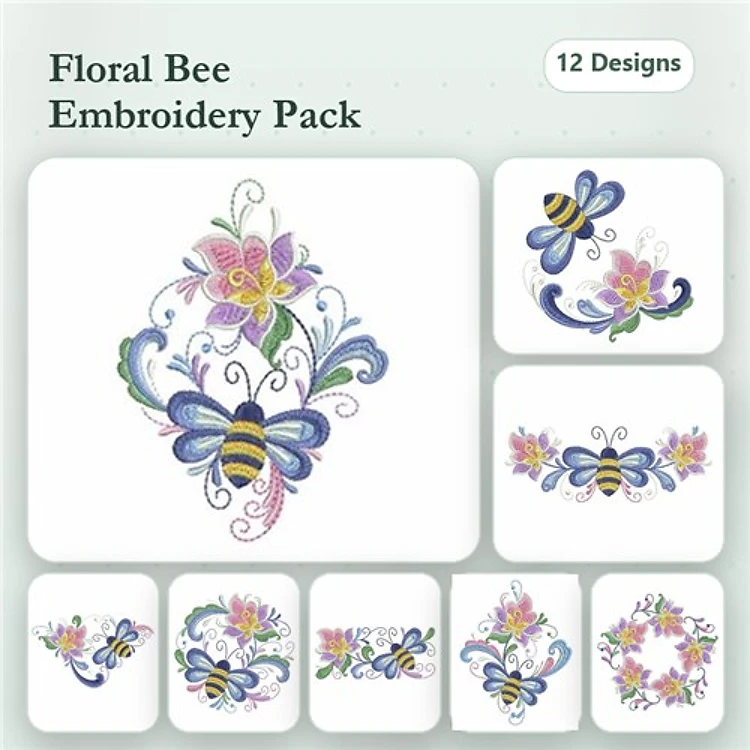 Floral and Bee Embroidery Designs Bundle – Bee with Floral Swirl, Floral Arrangement with Bee & More (12 Designs)