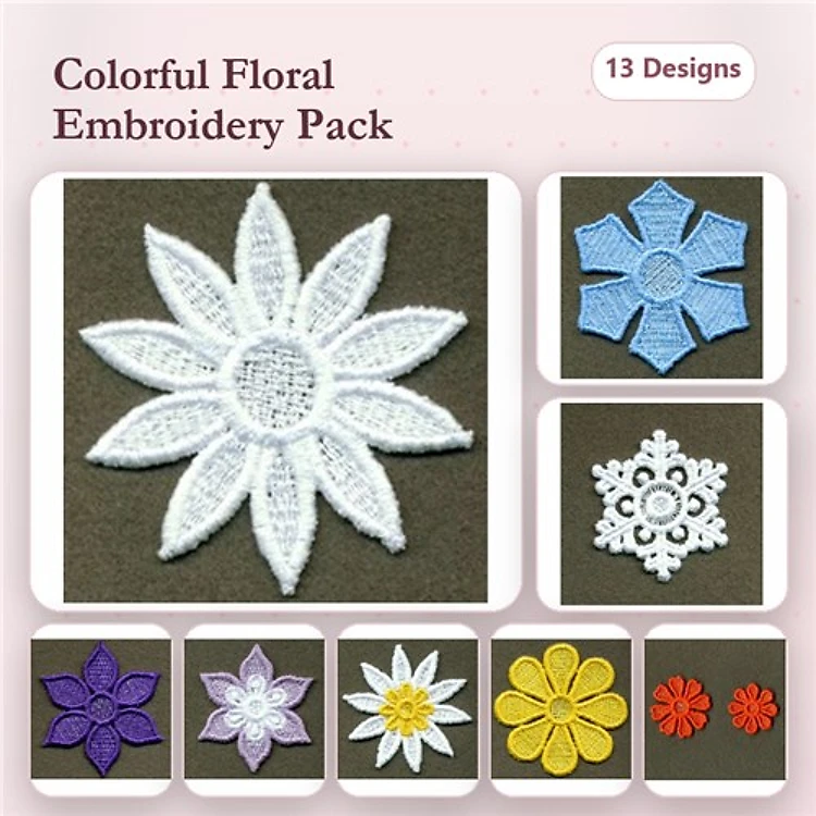 FSL Colorful Floral Embroidery Designs Bundle – White, Blue, Purple & More (13 Designs)
