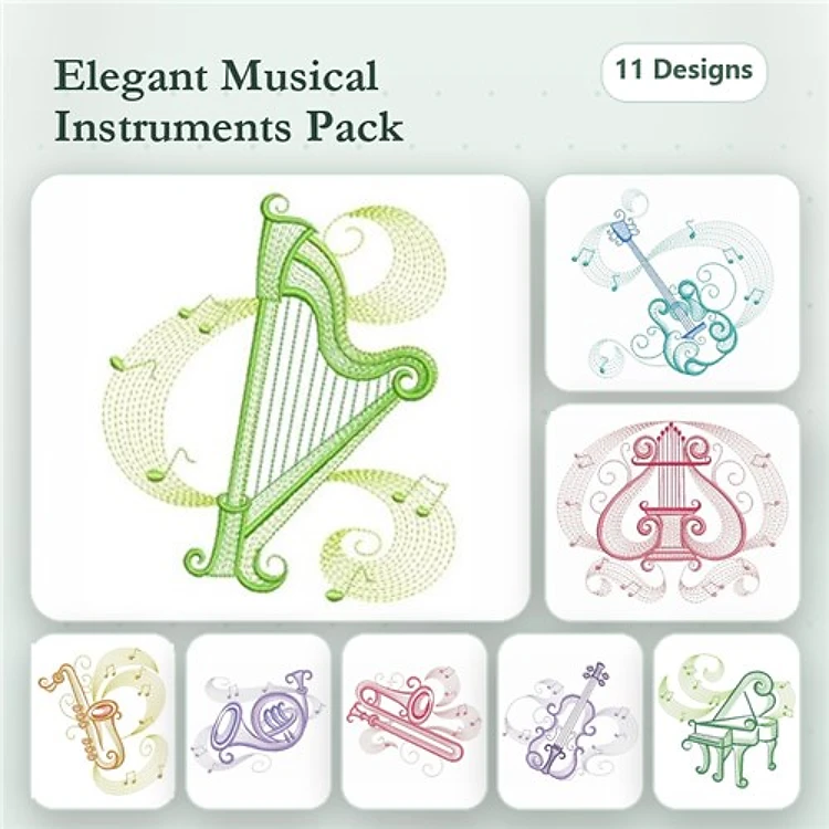 Rippled Musical Instruments Embroidery Designs Bundle – Harp, Trumpet, Violin, Saxophone & More (11 Designs)