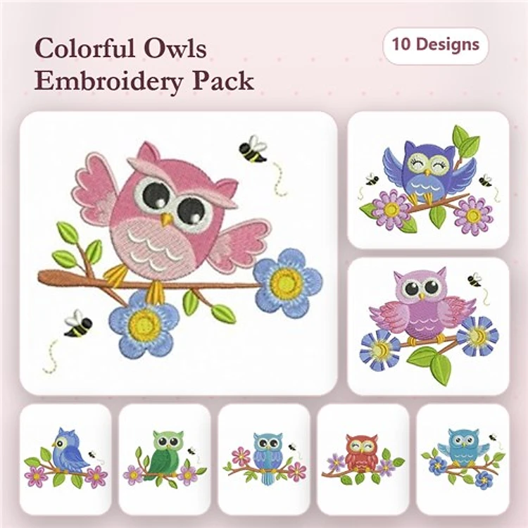 Colorful Owls Embroidery Designs Bundle – Pink Owl on Branch, Blue Owl on Branch, Owl with Flowers & More (10 Designs)