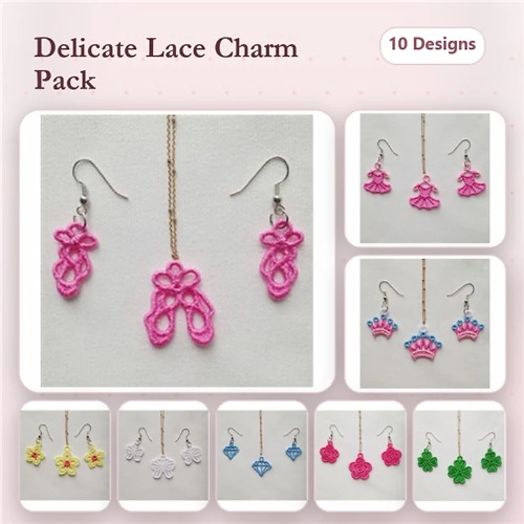 FSL Lace Charm Embroidery Designs Bundle – Ballet Slipper Earrings, Crown Earrings, Flower Charm & More (10 Designs)