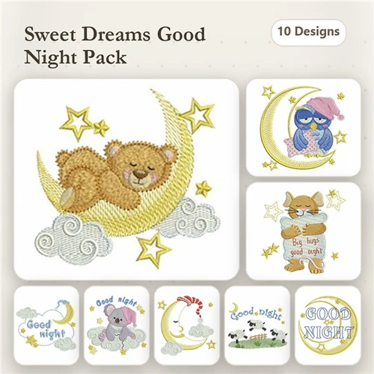 Good Night Theme Embroidery Designs Bundle – Sleepy Bear on Moon, Owl in Pajamas, Fox with Bedtime Book & More (10 Designs)