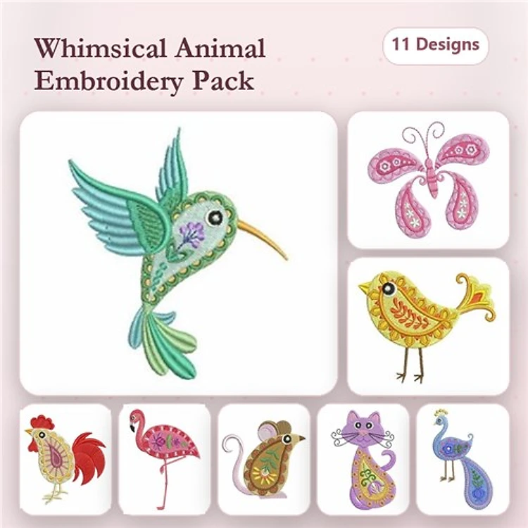 Whimsical Animals Embroidery Designs Bundle – Hummingbird, Butterfly, Rooster, Cat & More (11 Designs)
