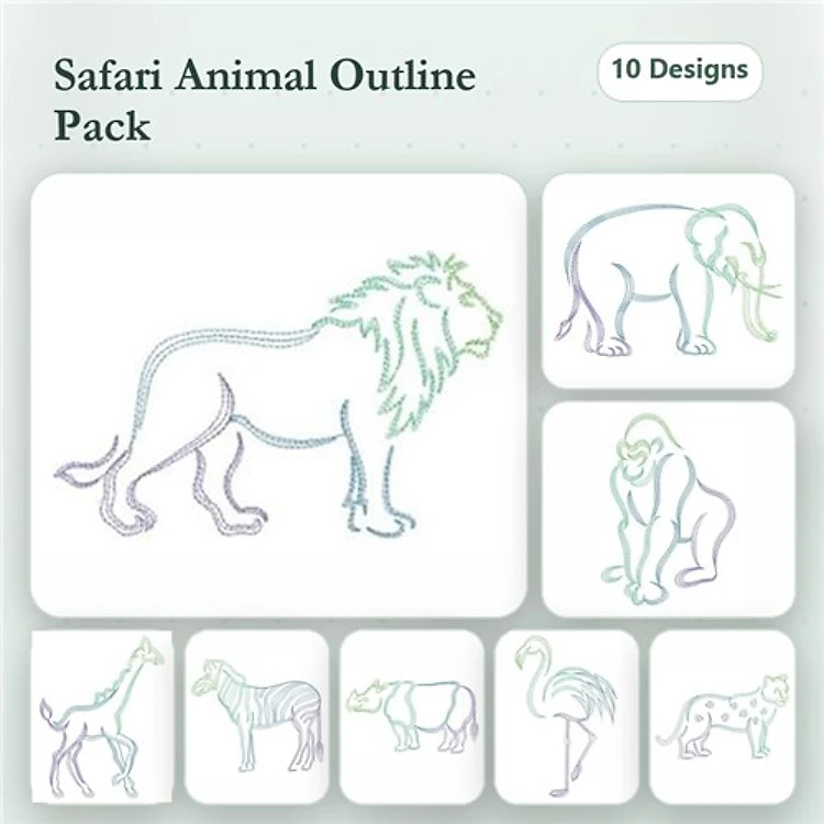 Redwork Safari Animal Embroidery Bundle – Lion, Elephant, Gorilla & More (10 Designs)
