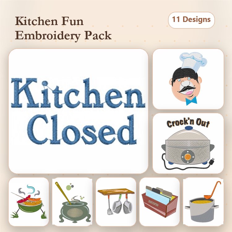 Kitchen Themed Embroidery Designs Bundle – Kitchen Closed, Chef with Mustache, Crock'n Out & More (11 Designs)