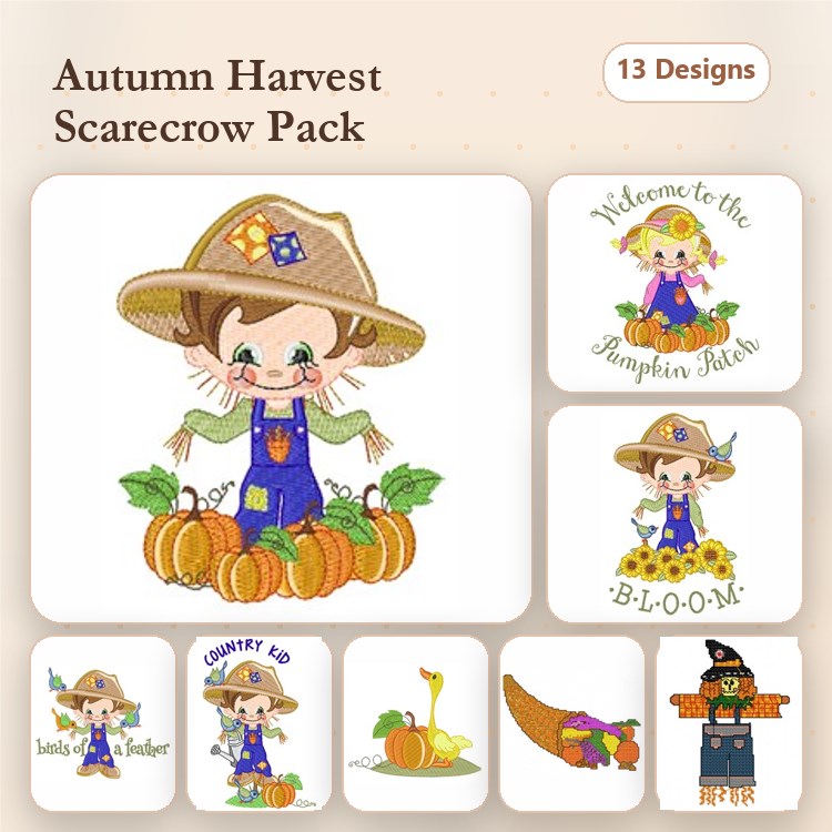 Fall Scarecrow Embroidery Designs Bundle – Scarecrow with Pumpkins, Autumn Scarecrow, Pumpkin Pile & More (13 Designs)