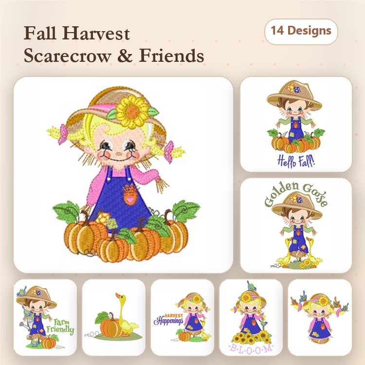 Fall Harvest Scarecrow & Friends Embroidery Designs Bundle – Scarecrow with Pumpkins, Friendly Scarecrow, Golden Goose & More (14 Designs)