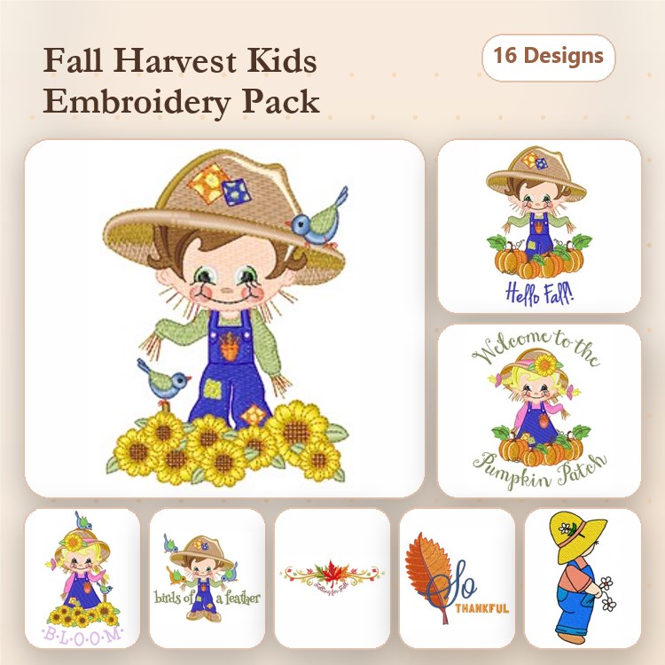 Fall Harvest Kids Embroidery Designs Bundle – Harvest Girl with Sunflowers, Little Farmer with Pumpkin & More (16 Designs)