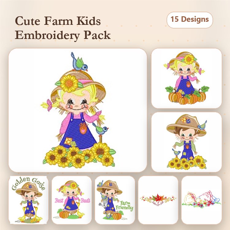 Farm Children Embroidery Bundle – Girl with Sunflowers, Boy with Pumpkins, & Happy Harvest (15 Designs)