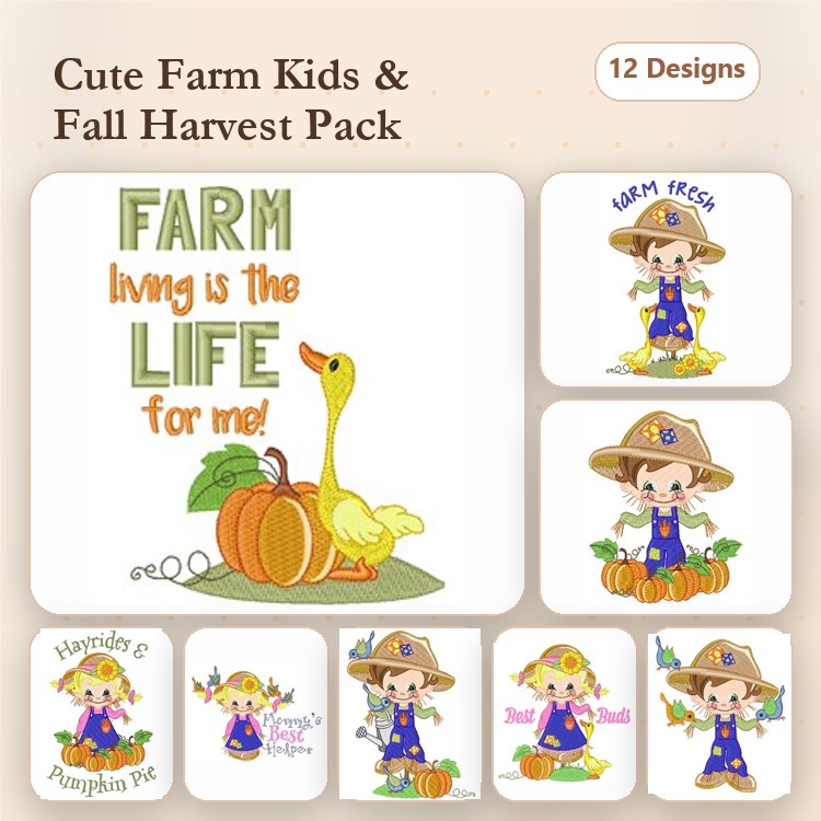 Farm Kids & Fall Harvest Embroidery Designs Bundle – Farm Living Text, Goose with Pumpkin, Scarecrow with Pumpkin & More (12 Designs)