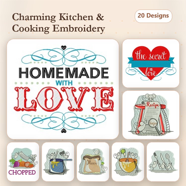 Cooking & Kitchen Essentials Embroidery Designs Bundle – Homemade with Love, The Secret Ingredient & More (20 Designs)