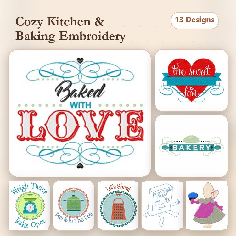 Baking and Kitchen Themes Embroidery Designs Bundle – Baked with Love, The Secret Ingredient, Bakery Sign & More (13 Designs)