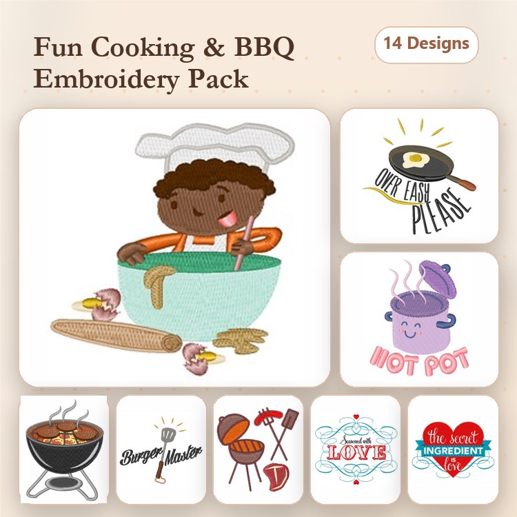 Cooking & BBQ Embroidery Designs Bundle – Baker with Mixing Bowl, Funny BBQ Grill, Chef's Hat Quote & More (14 Designs)