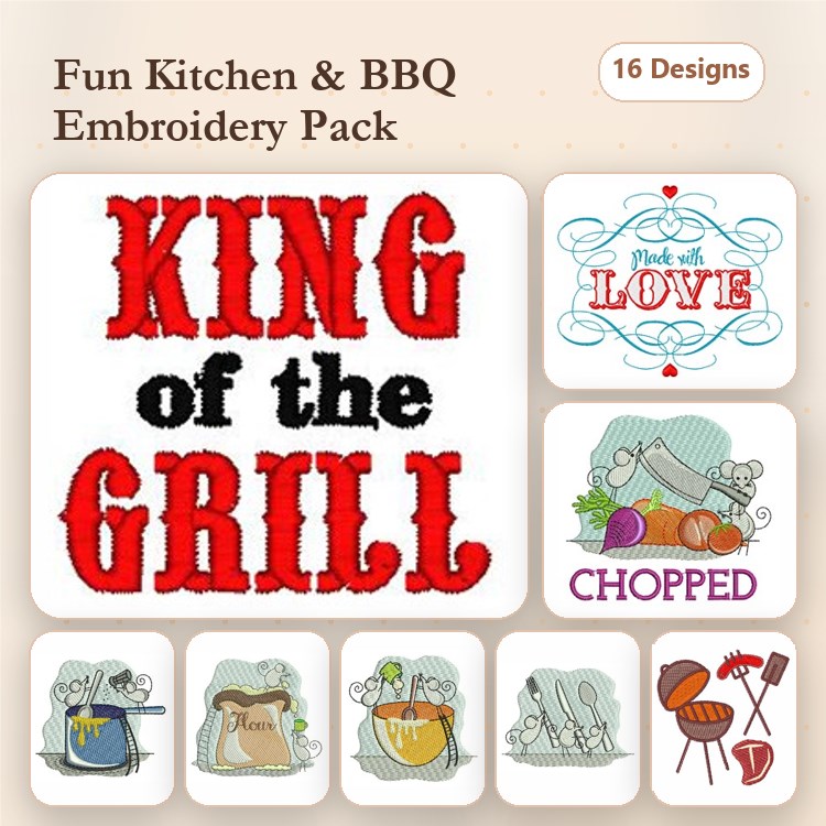 Kitchen & BBQ Fun Embroidery Designs Bundle – King of the Grill, Chopped, Love with Heart & More (16 Designs)