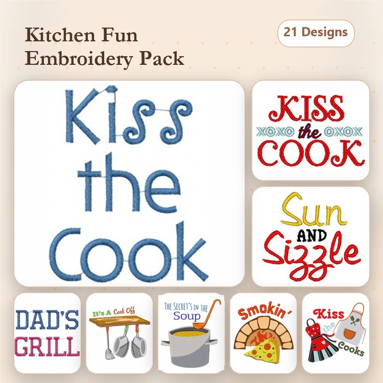 Kitchen-Themed Embroidery Designs Bundle – Kiss the Cook, Dad's Grill, The Secret's in the Soup & More (21 Designs)