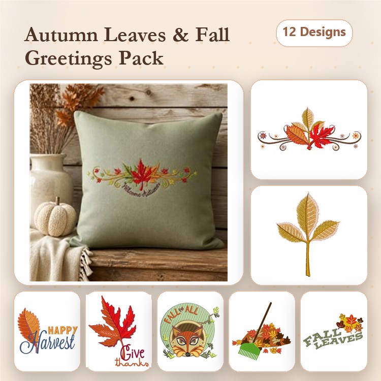 Autumn Leaves & Fall Greetings Embroidery Designs Bundle – Happy Fall, Autumn Leaf, Thanksgiving Wishes & More (12 Designs)