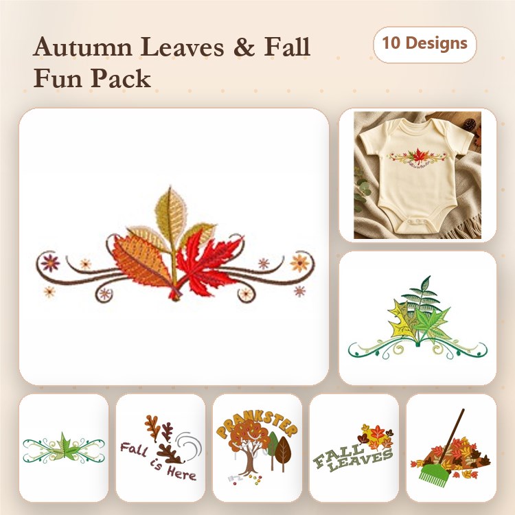 Autumn Leaves & Pumpkin Embroidery Designs Bundle – Autumn Leaves, Fall is Here, Pumpkin Decoration & More (10 Designs)