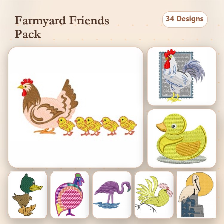 Farm Animal Embroidery Designs Bundle – Hen with Chicks, Rooster, Rubber Duck & More (34 Designs)