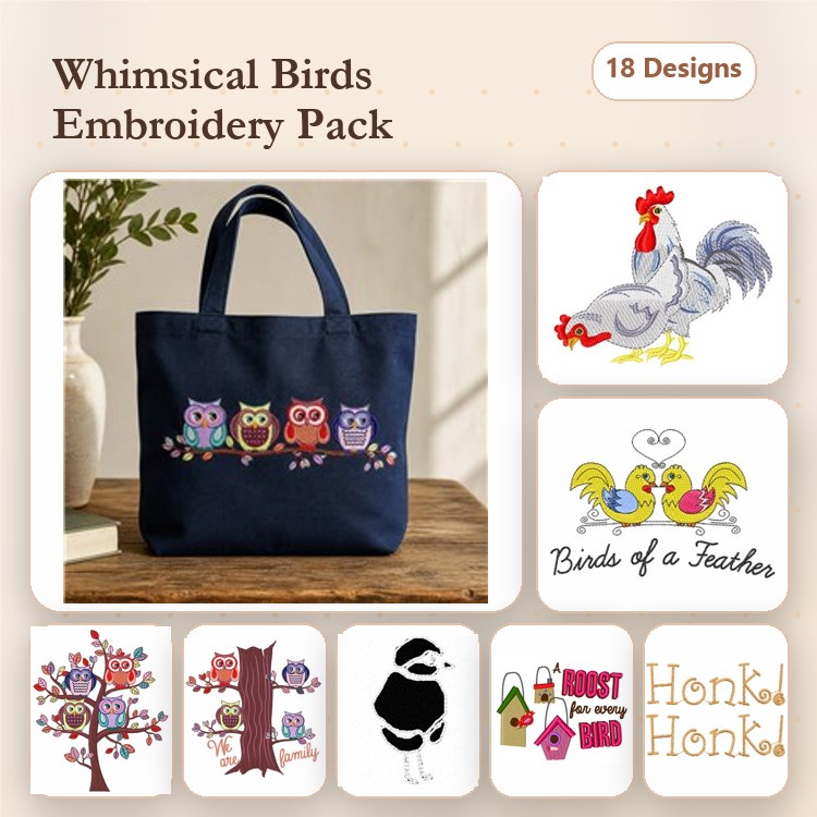 Whimsical Birds Embroidery Designs Bundle – Owl Family, Rooster, Tree with Birds & More (18 Designs)