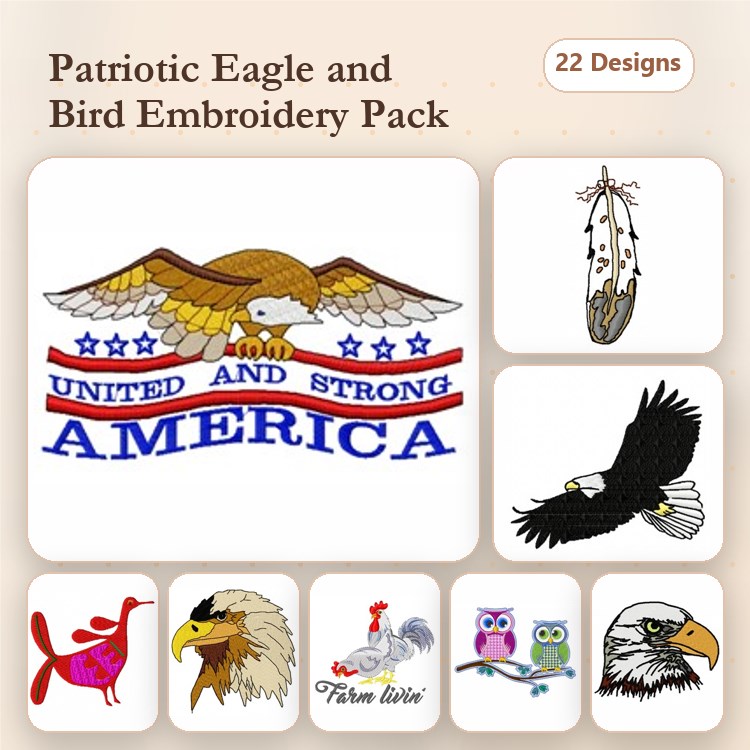 Patriotic Eagles & Birds Embroidery Designs Bundle – Eagle with Banner, Owl Trio, Colorful Bird & More (22 Designs)