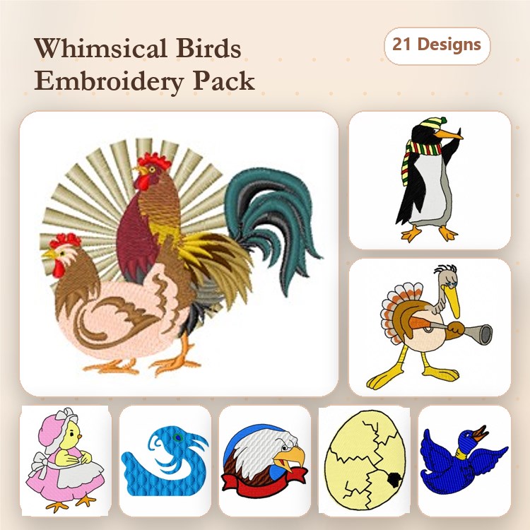 Birds Embroidery Designs Bundle – Rooster with Sunburst, Penguin with Scarf, Turkey with Horn & More (21 Designs)