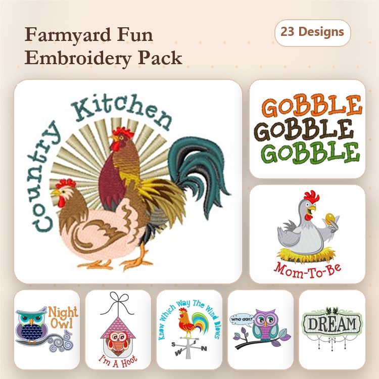 Farmyard Roosters & Owls Embroidery Designs Bundle – Country Kitchen, Gobble Gobble Gobble, Night Owl & More (23 Designs)